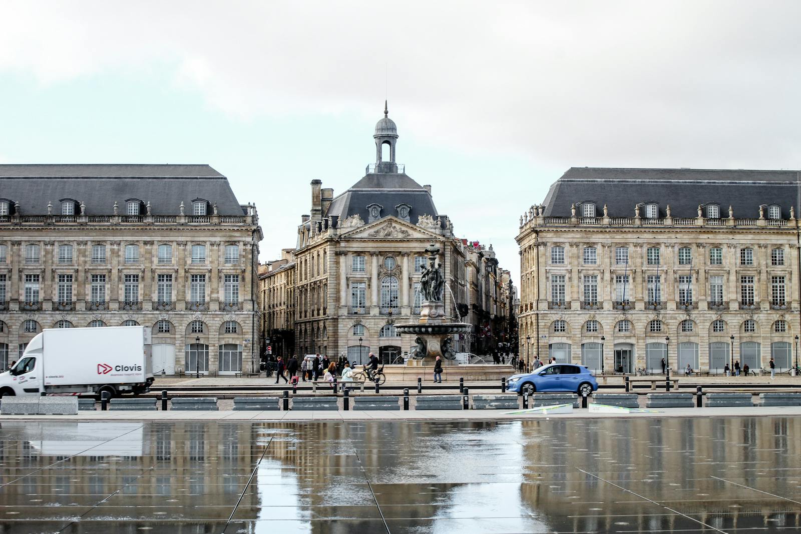 Scenic view of Place de la Bourse in Bordeaux with reflection on wet pavement