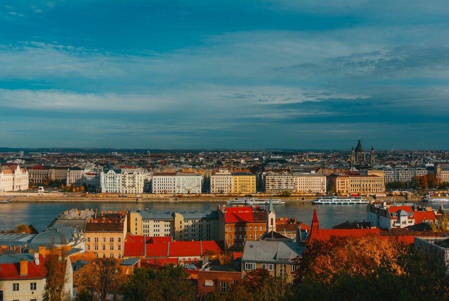 Aerial view of Budapest showing the Danube River and St Stephens Basilica dome in the cityscape