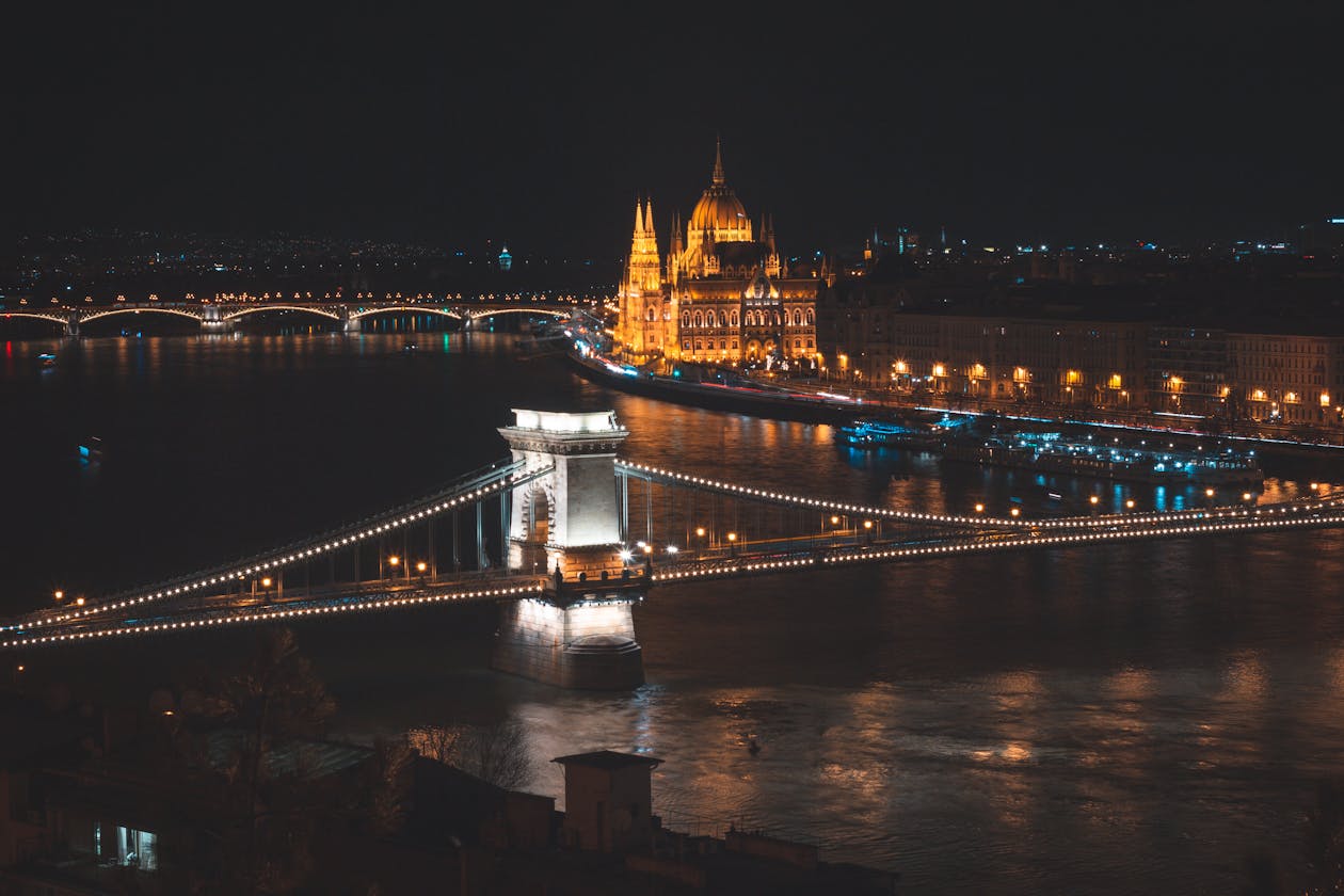 Illuminated Chain Bridge and Hungarian Parliament with the Danube at night
