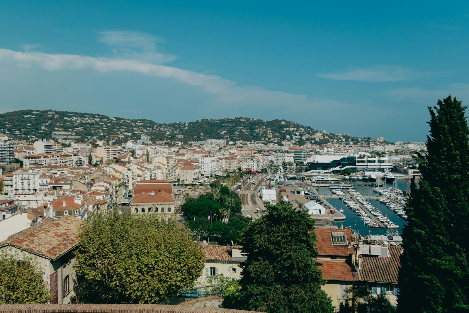 View of Cannes harbor and cityscape along the Mediterranean coast