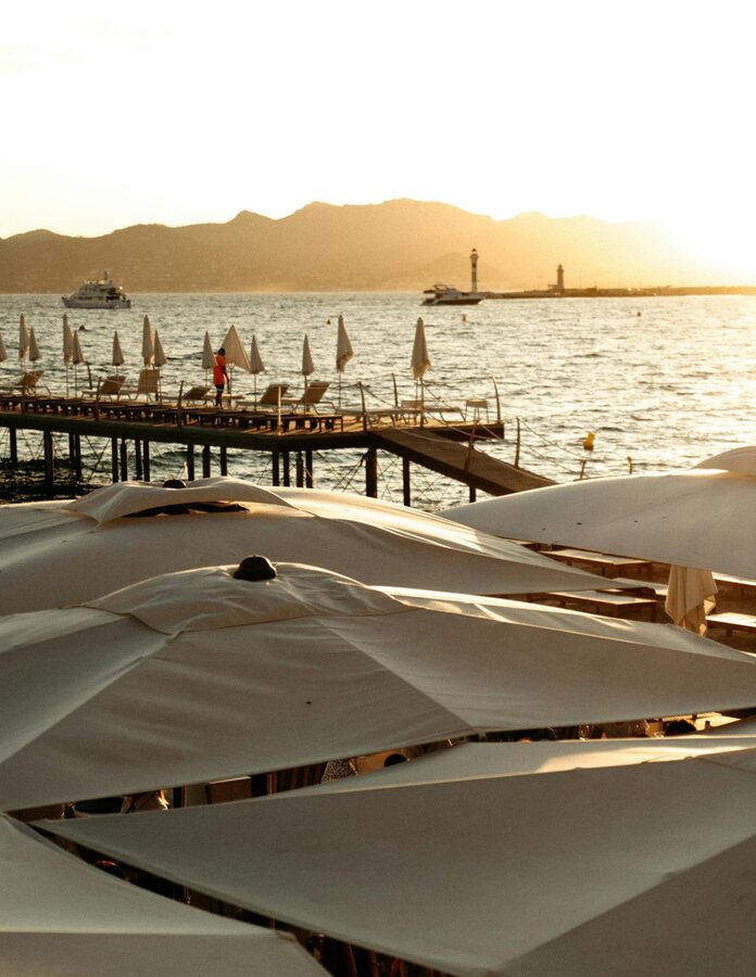 Cannes marina at sunset with umbrellas