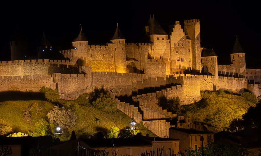 Carcassonne illuminated fortress at night