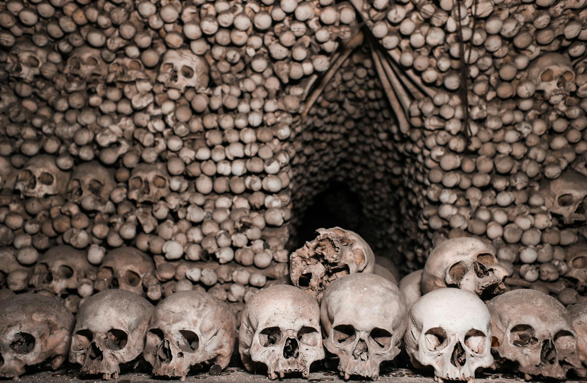 Chilling scene of skulls arranged in a catacomb setting
