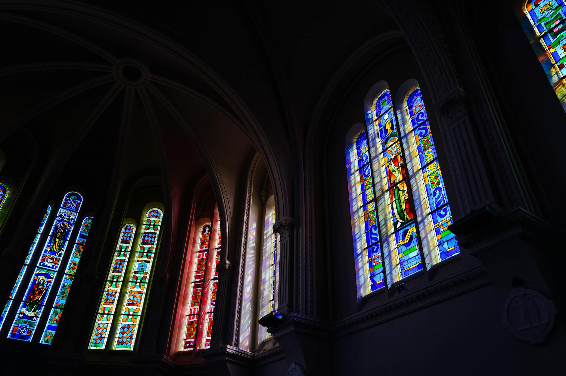 Cathedral stained glass with intricate historic design