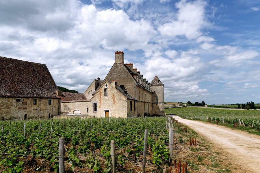 Chateau de Vougeot amid Burgundy vineyards under bright sky