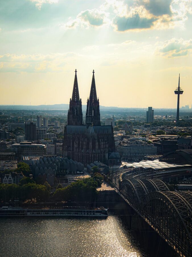 Aerial view of Cologne and Rhine at sunset