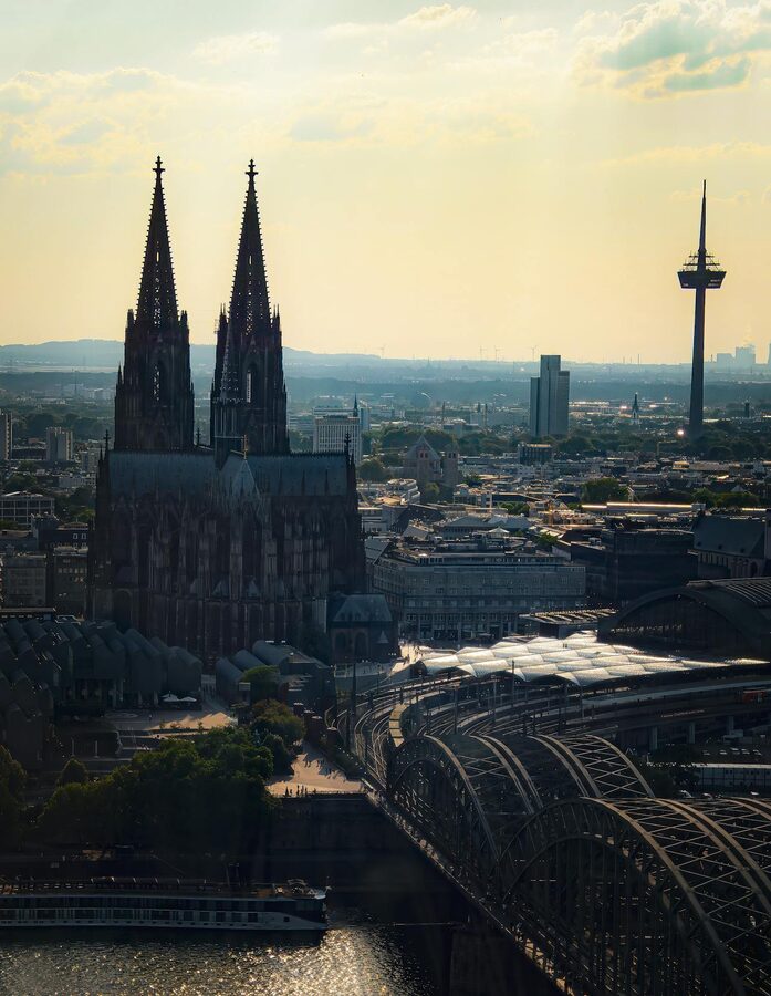 Aerial shot of Cologne Cathedral at sunset