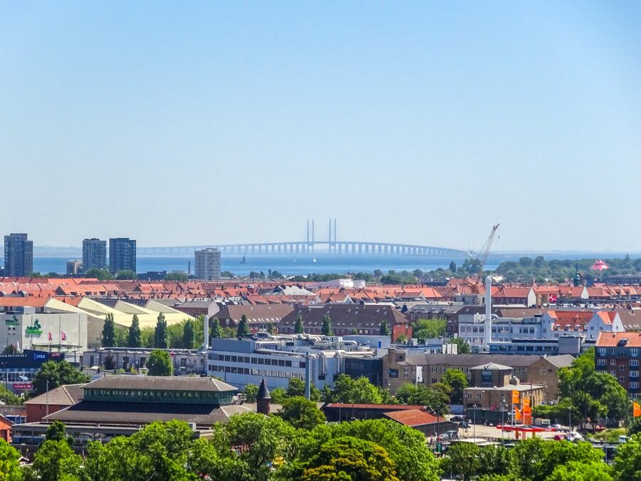 Stunning aerial view of Copenhagen skyline with the Øresund Bridge stretching to Sweden in summer