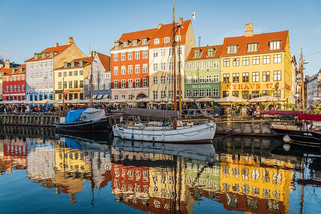 Aerial view of Copenhagen waterways with boats and bridges