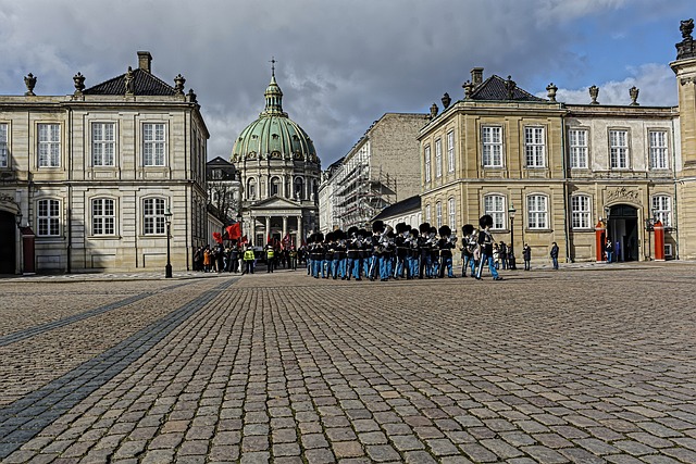 Royal guards marching during the changing of the guard at Amalienborg Palace