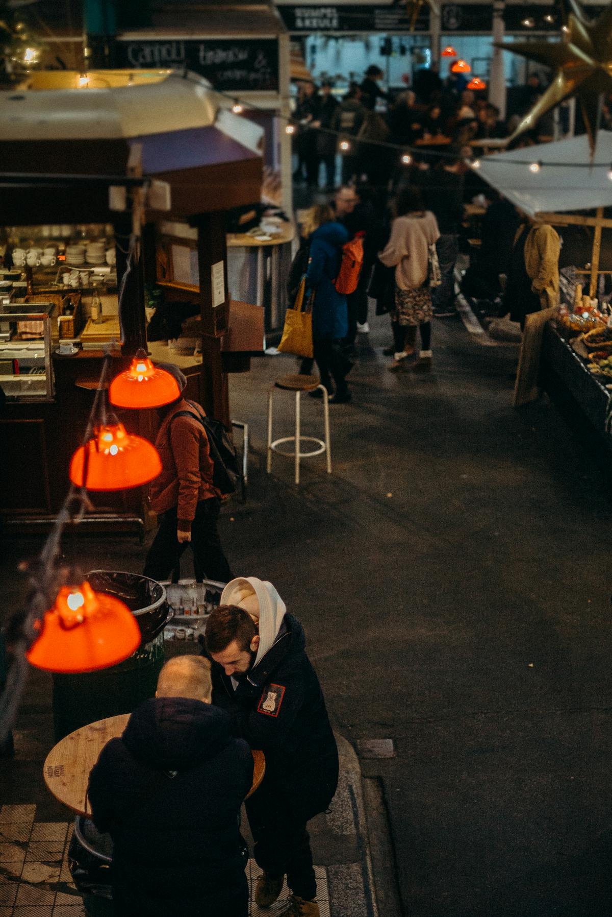 Food market stall with warm festive ambiance in Copenhagen