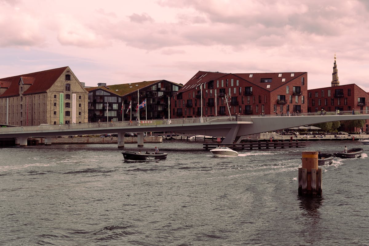 Inderhavnsbroen bridge and waterfront buildings in Copenhagen at dusk