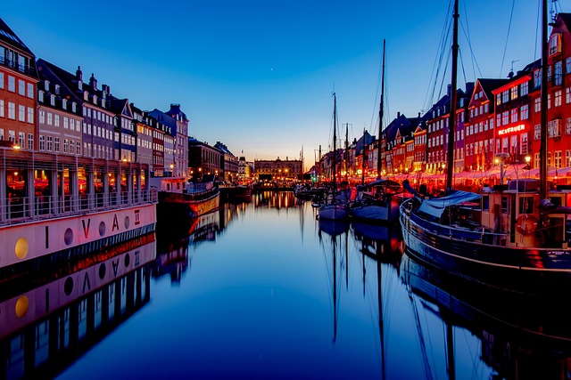 Golden sunset light over Nyhavn harbour in Copenhagen