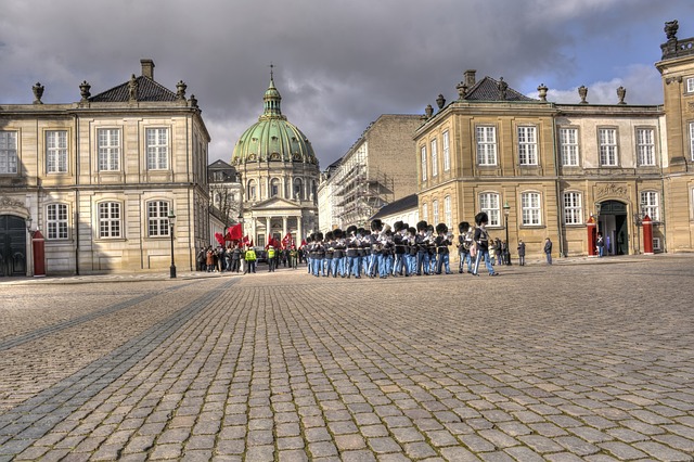 Danish Royal Life Guards marching in formation at Amalienborg Palace
