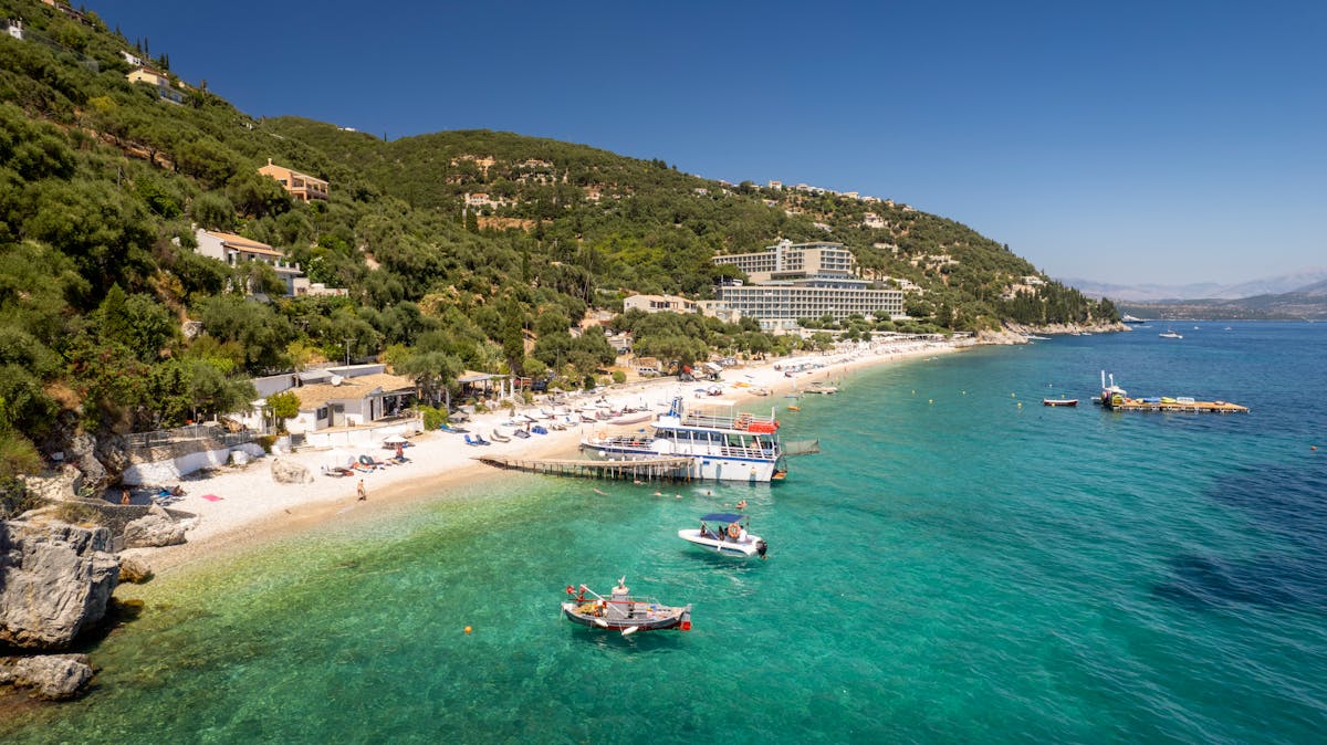 Aerial view of beach with turquoise waters in Corfu