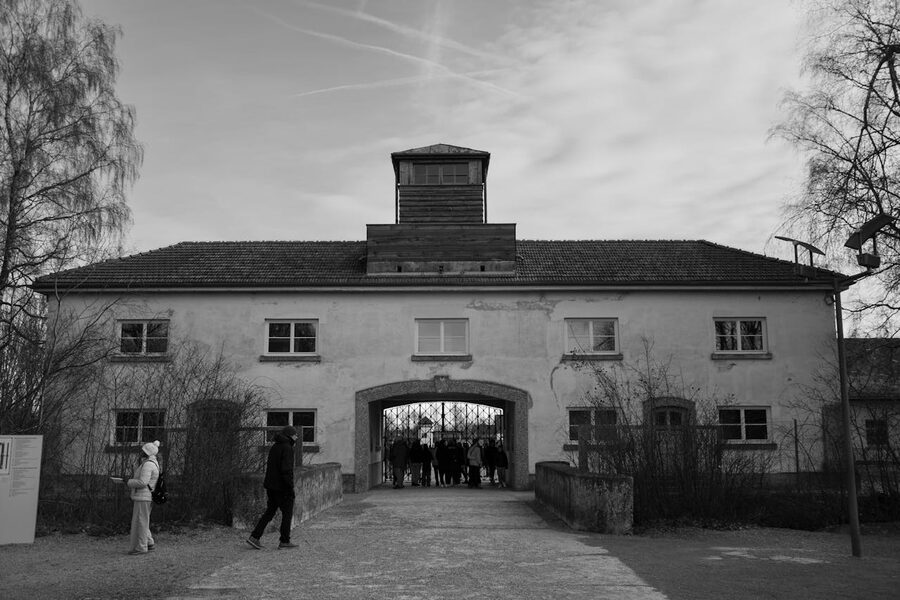 Dachau entrance building in black and white