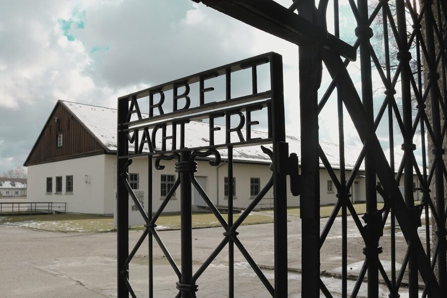 Dachau gate with Arbeit Macht Frei inscription