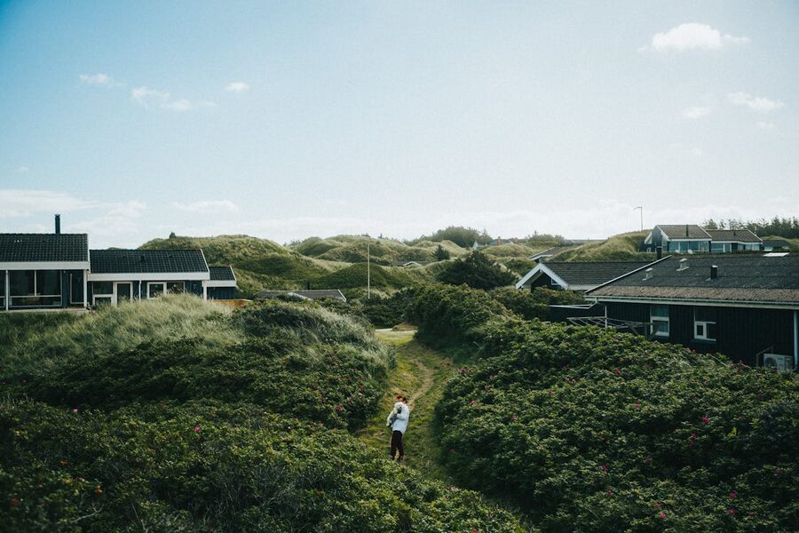 Nordic coastal village with lush green dunes and traditional houses in Denmark