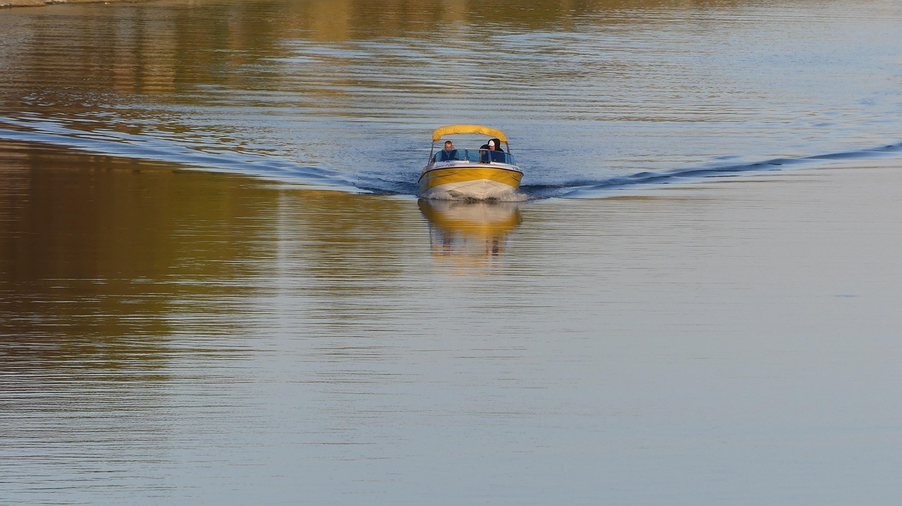 Calm water of the Danube River in Hungary under blue sky