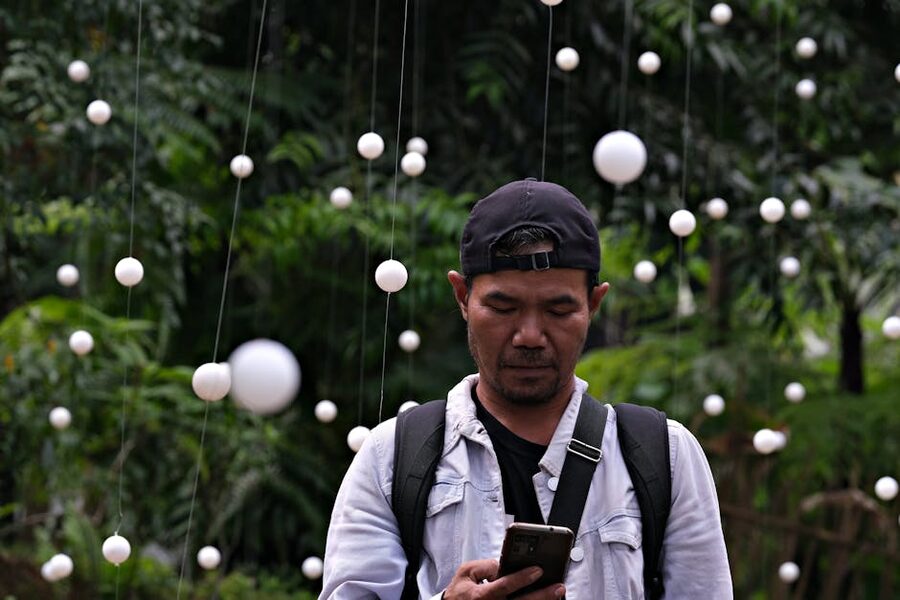 Man with phone outdoor installation