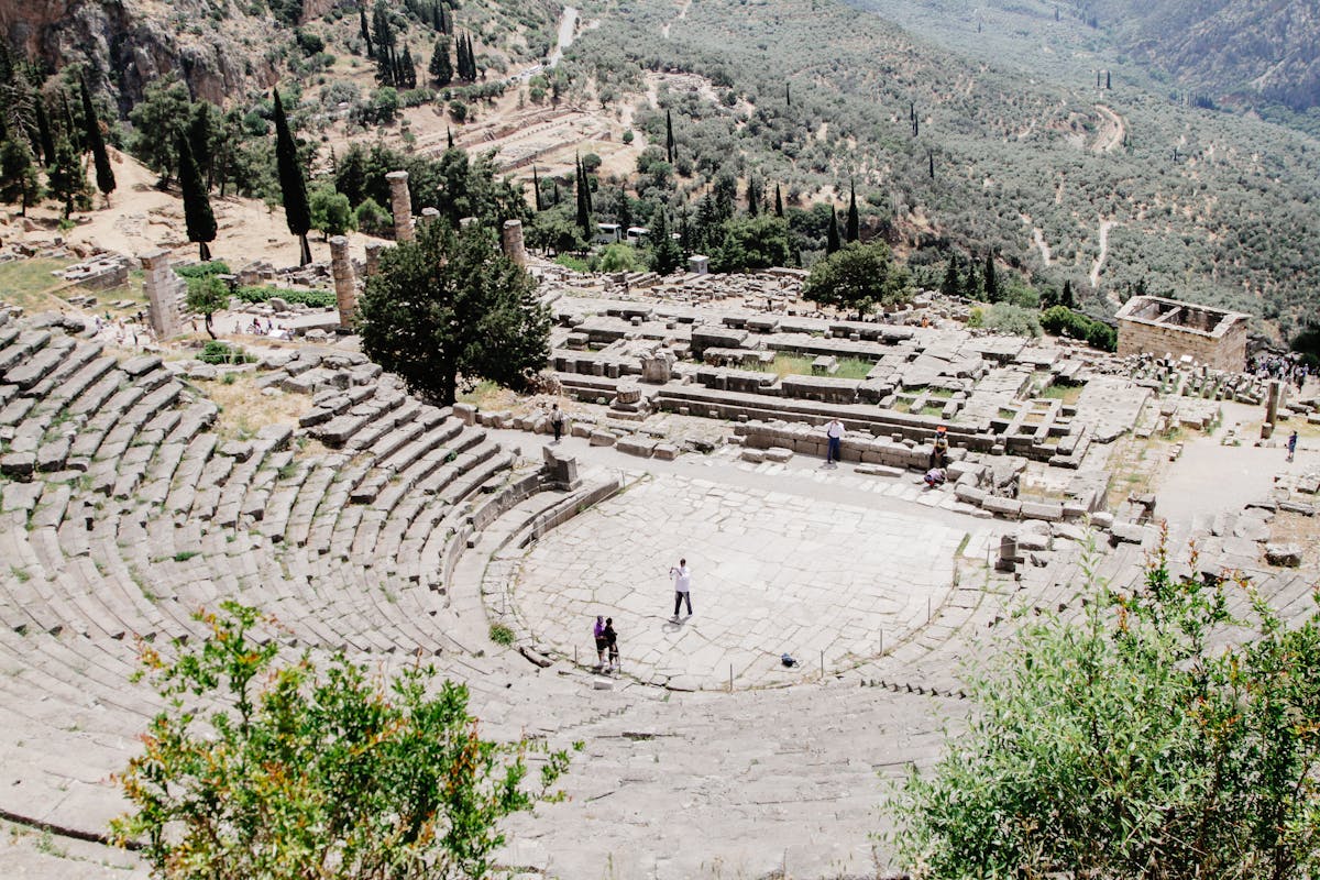 Ancient amphitheater at Delphi with scenic landscape views