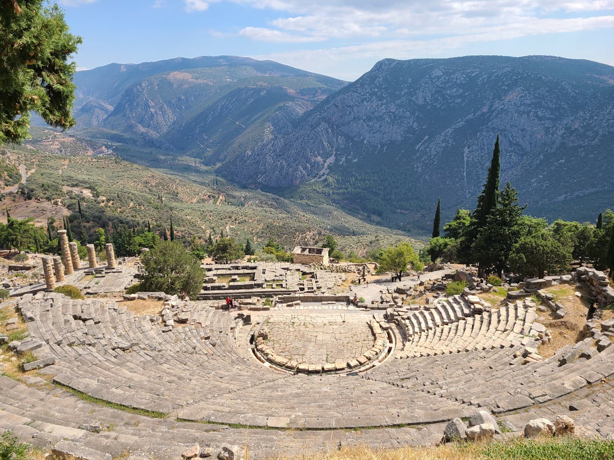 Ancient Theater of Delphi with scenic mountains
