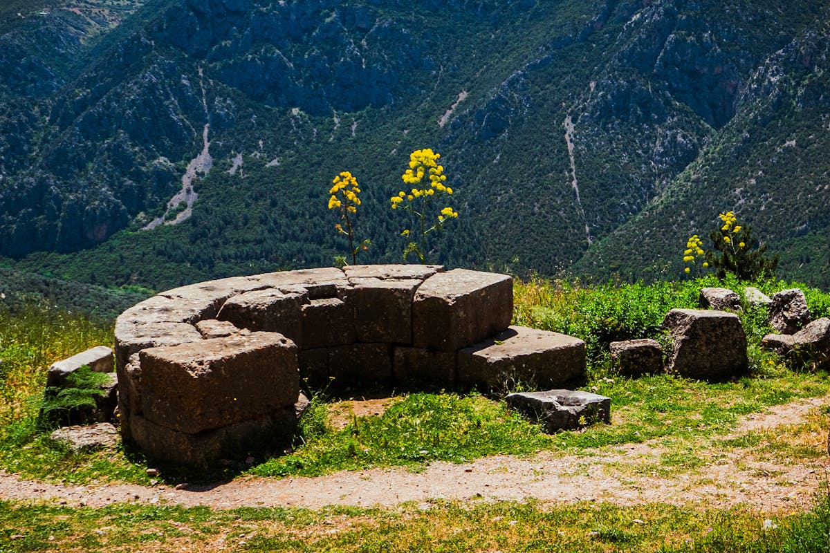 Delphi ruins with flora and stunning mountain backdrop