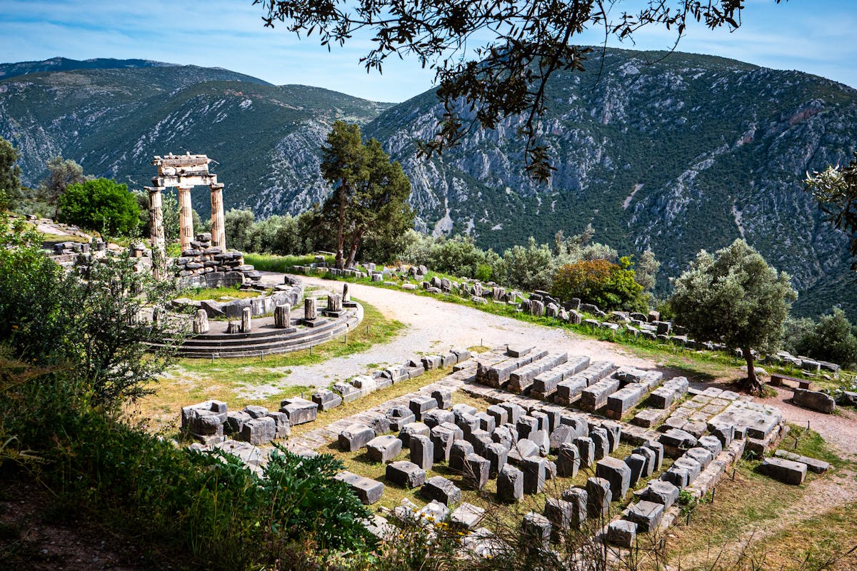 Ancient ruins of Delphi UNESCO World Heritage Site in mountains