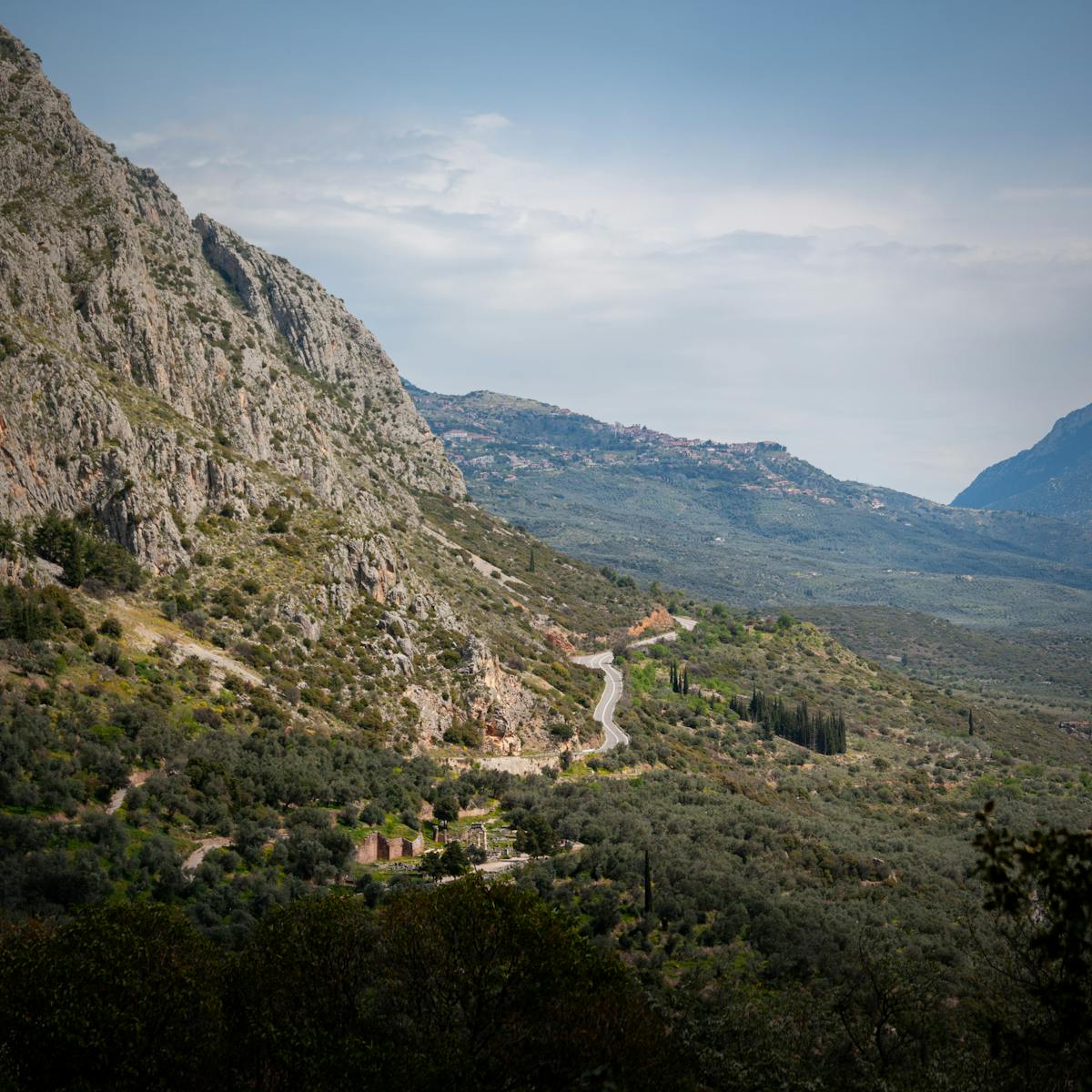 Winding road through mountainous landscape near Delphi