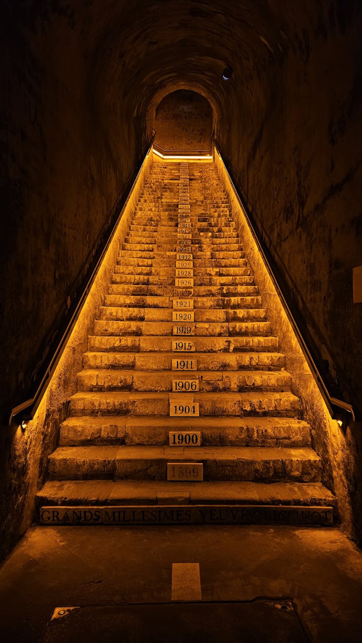 Dimly lit historic cellar stairs descending into underground space