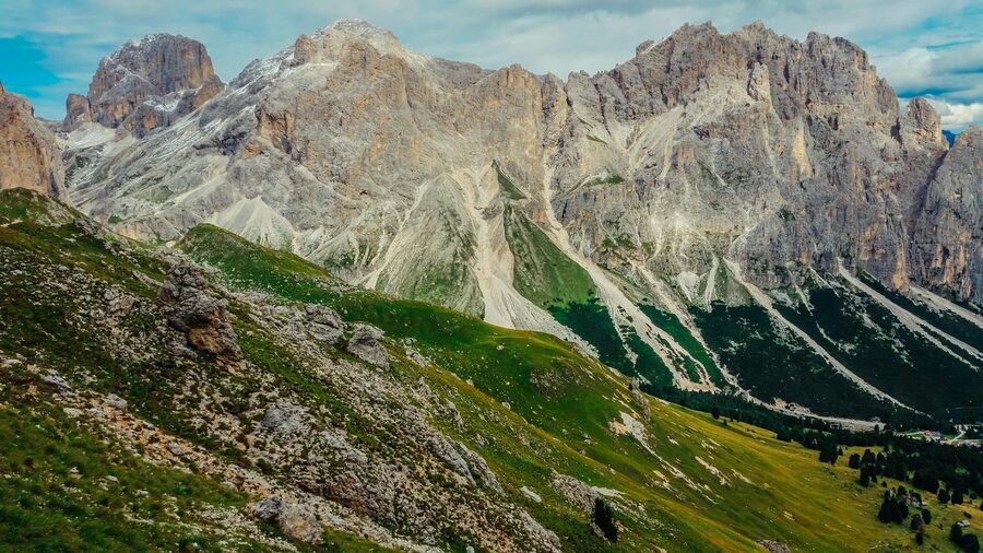 Dolomites with Catinaccio Mountain and green valleys