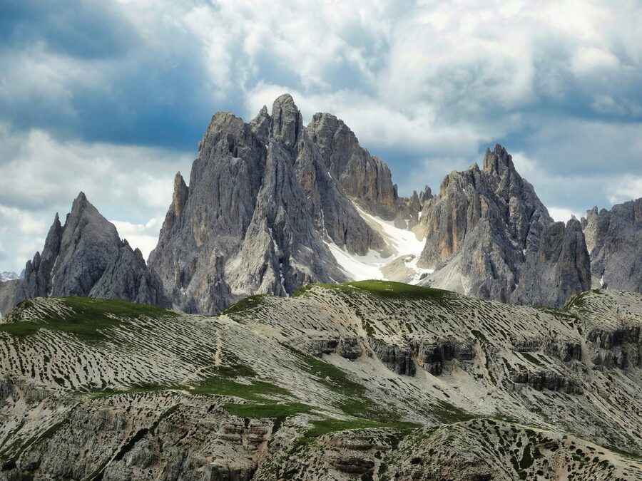 Landscape of Tre Cime di Lavaredo with alpine meadows