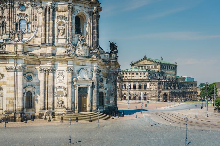 Dresden Semperoper and Hofkirche under blue sky