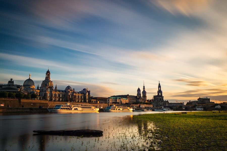 Dresden sunset with skyline and Elbe River