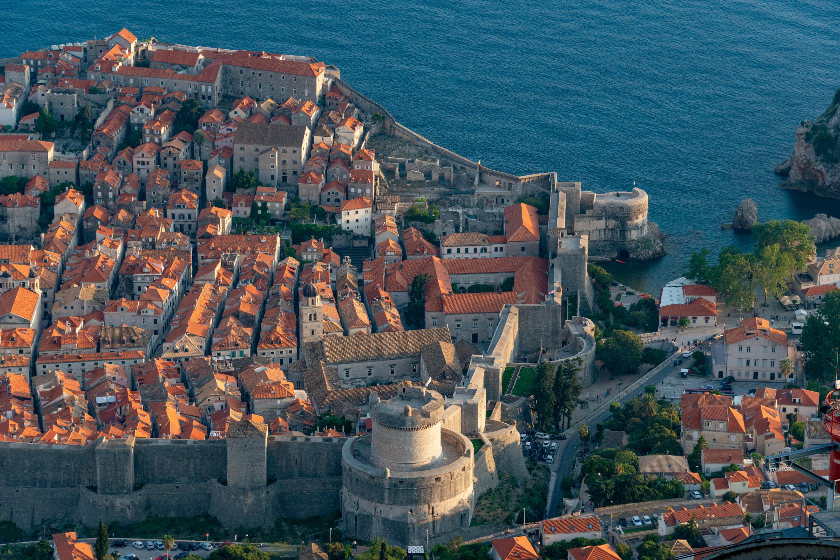 Stunning aerial view of the historic Dubrovnik Old Town and its city walls by the Adriatic Sea