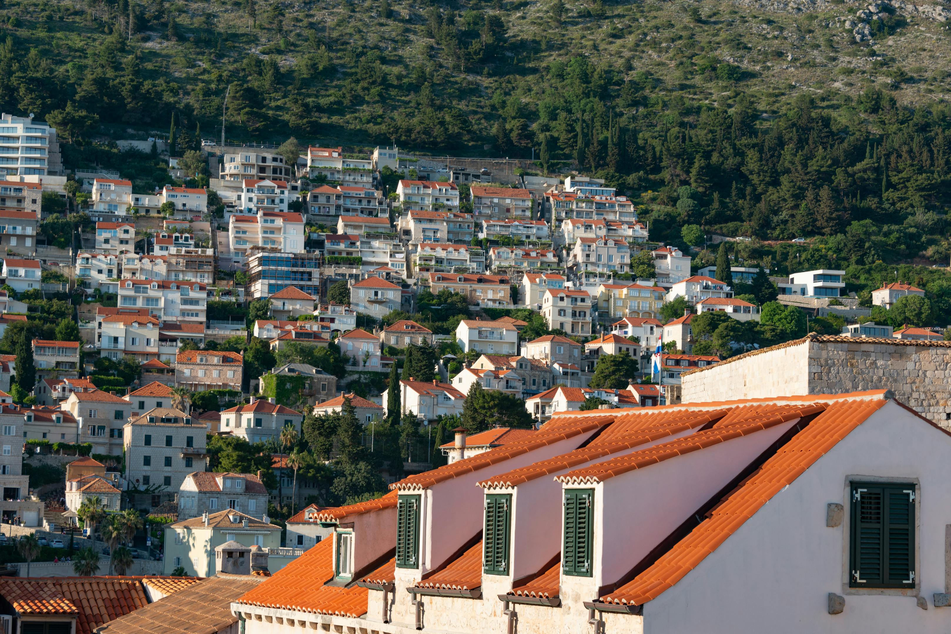 Aerial view of Dubrovnik showing red rooftops and lush green hillside