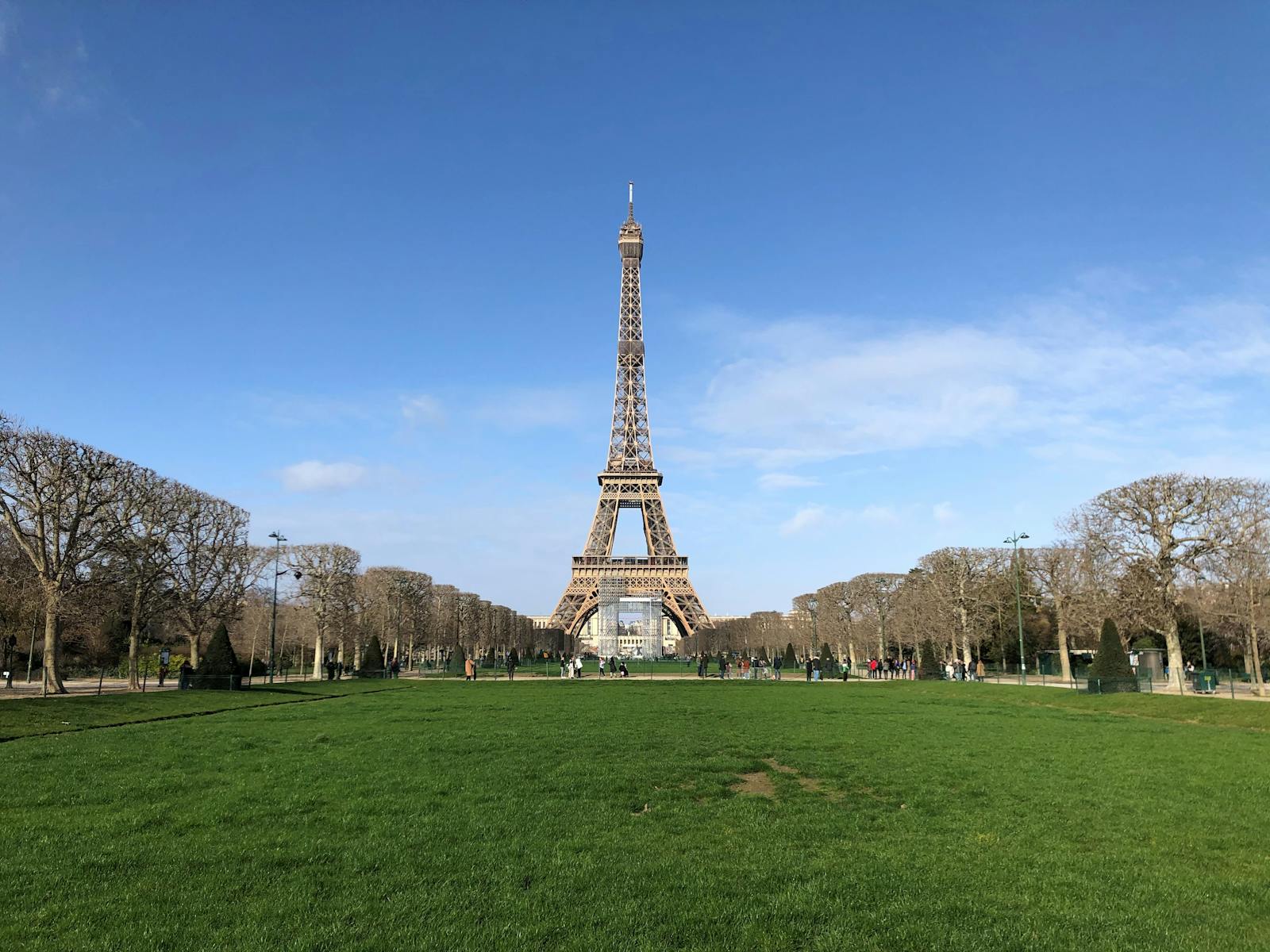 The Eiffel Tower standing tall on a clear day over the Champ de Mars lawns