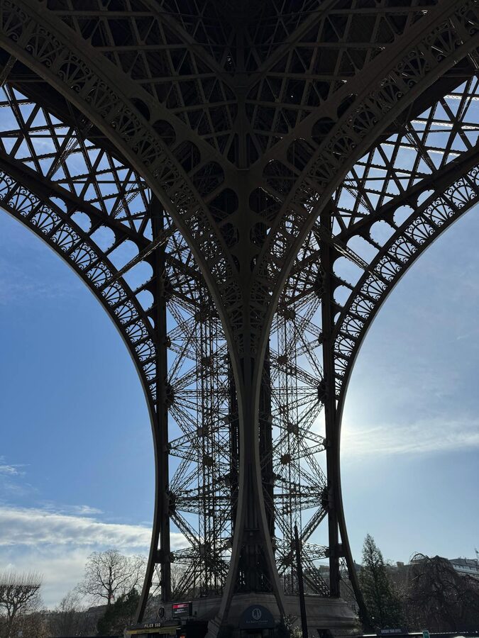 Close-up view of Eiffel Tower iron structure