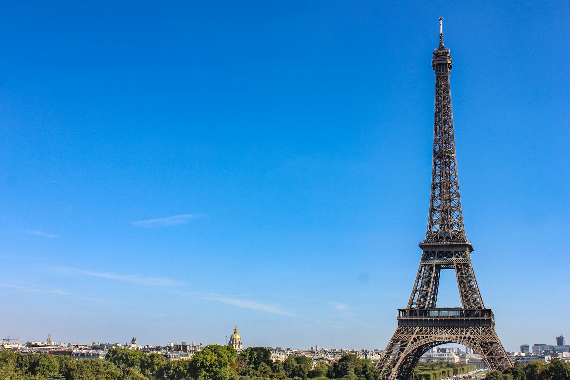Eiffel Tower on a clear daytime blue sky