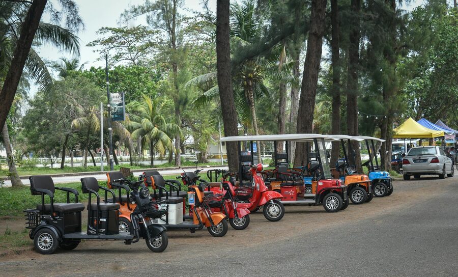 Electric scooters and golf carts parked under trees in a park