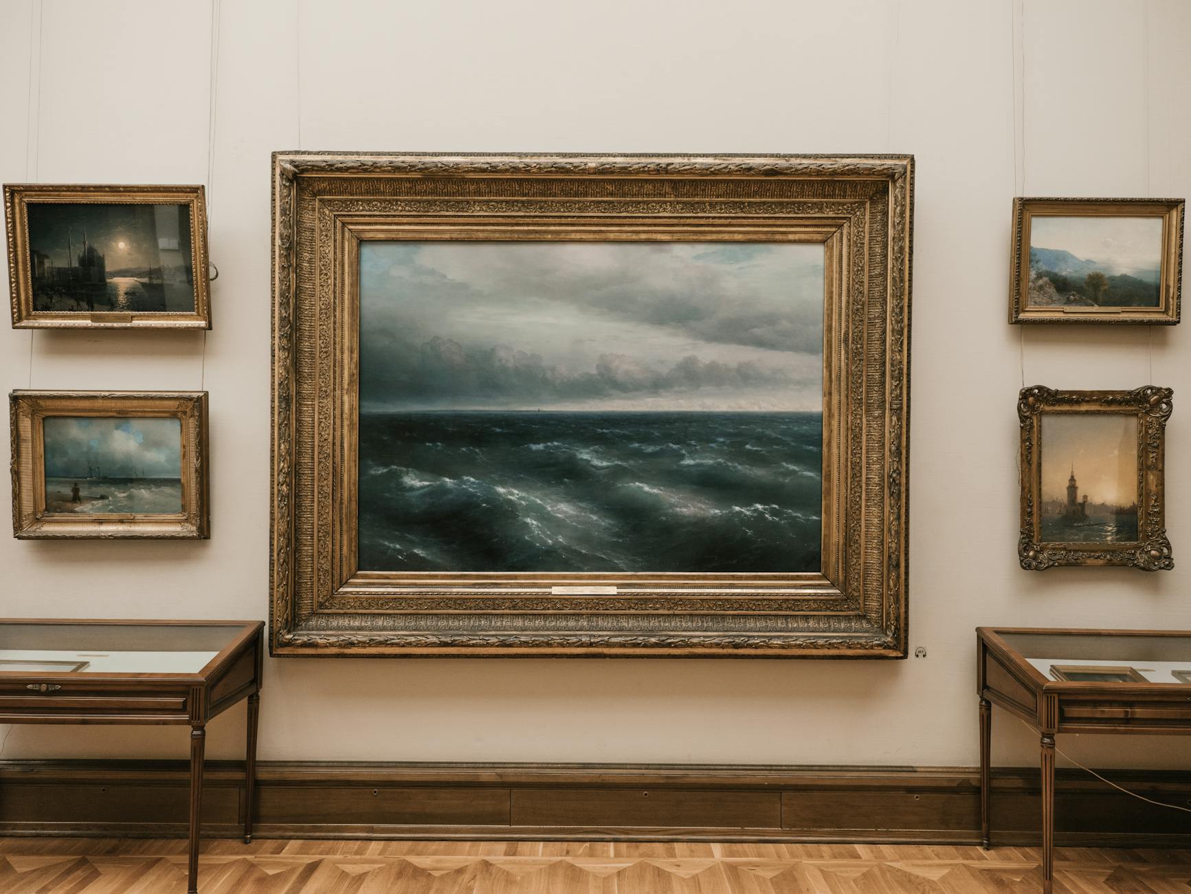 Elegant seascape painting in a classic art gallery with vintage frames