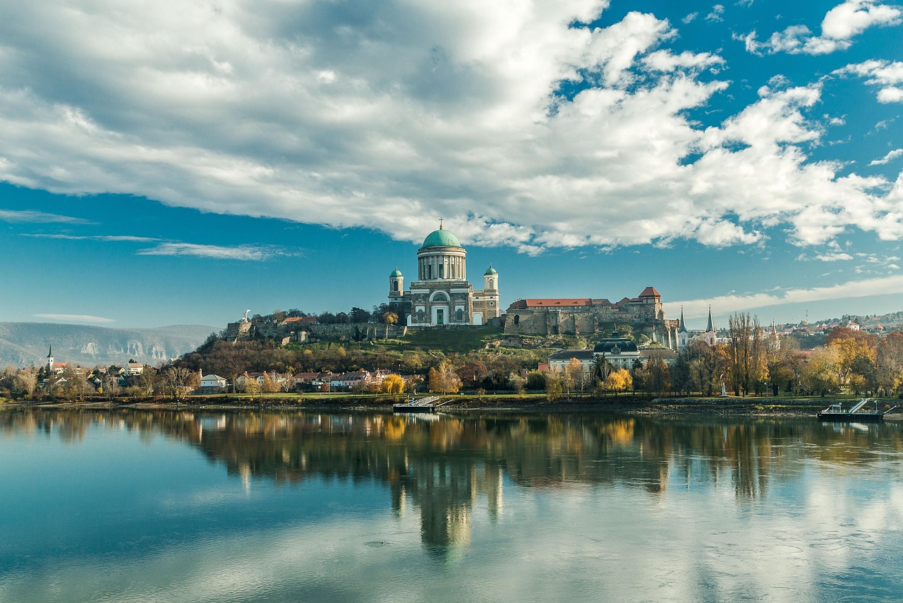 Esztergom Basilica rising above the town viewed from the river