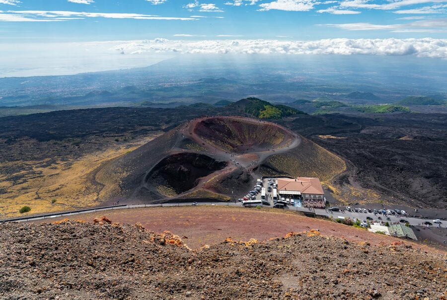 Aerial view of Mount Etna craters under blue sky