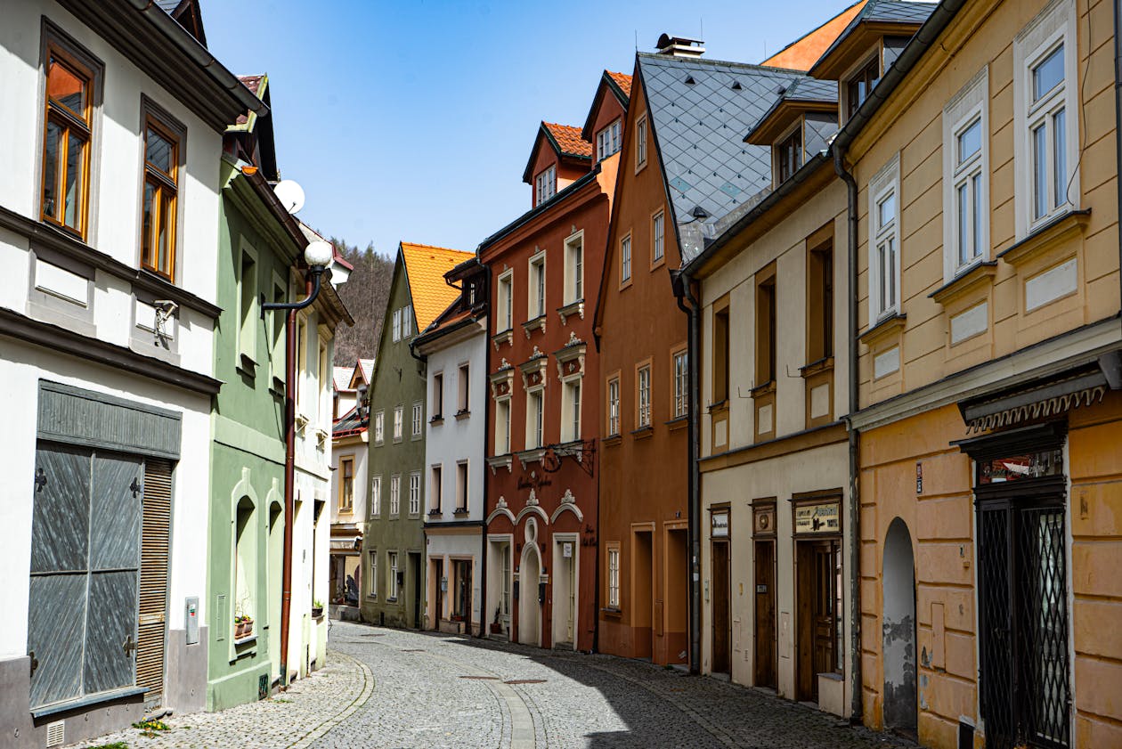 Picturesque cobblestone street with colorful historic houses