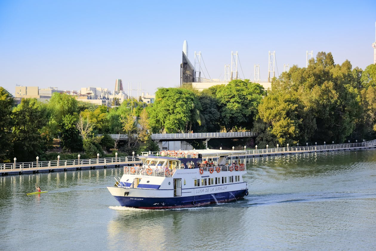 A sightseeing cruise boat sailing on a European river