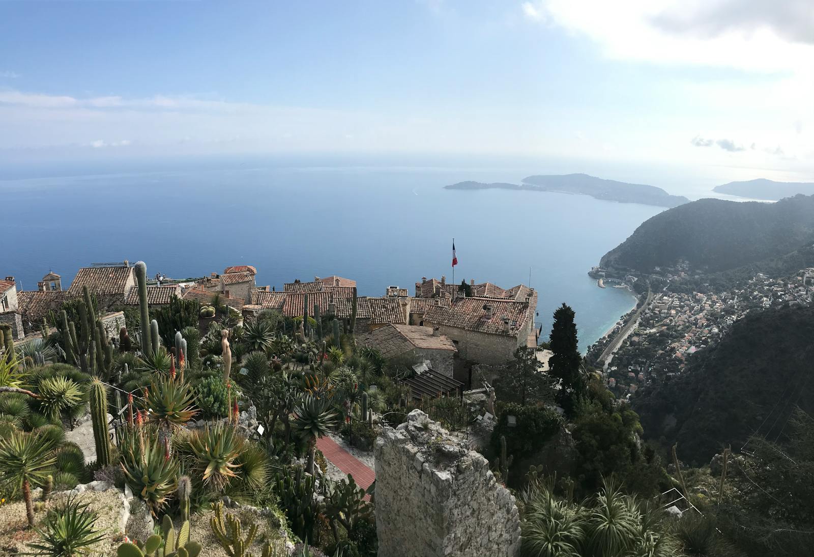 Aerial view of Eze village with picturesque Mediterranean Sea in the background