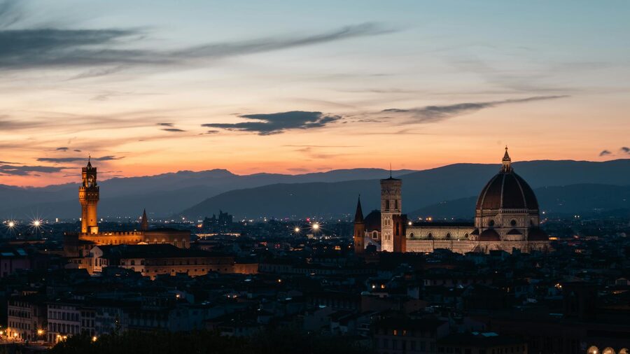 Florence sunset skyline with Duomo and Palazzo Vecchio