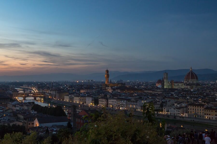Florence twilight skyline with Duomo and Arno River