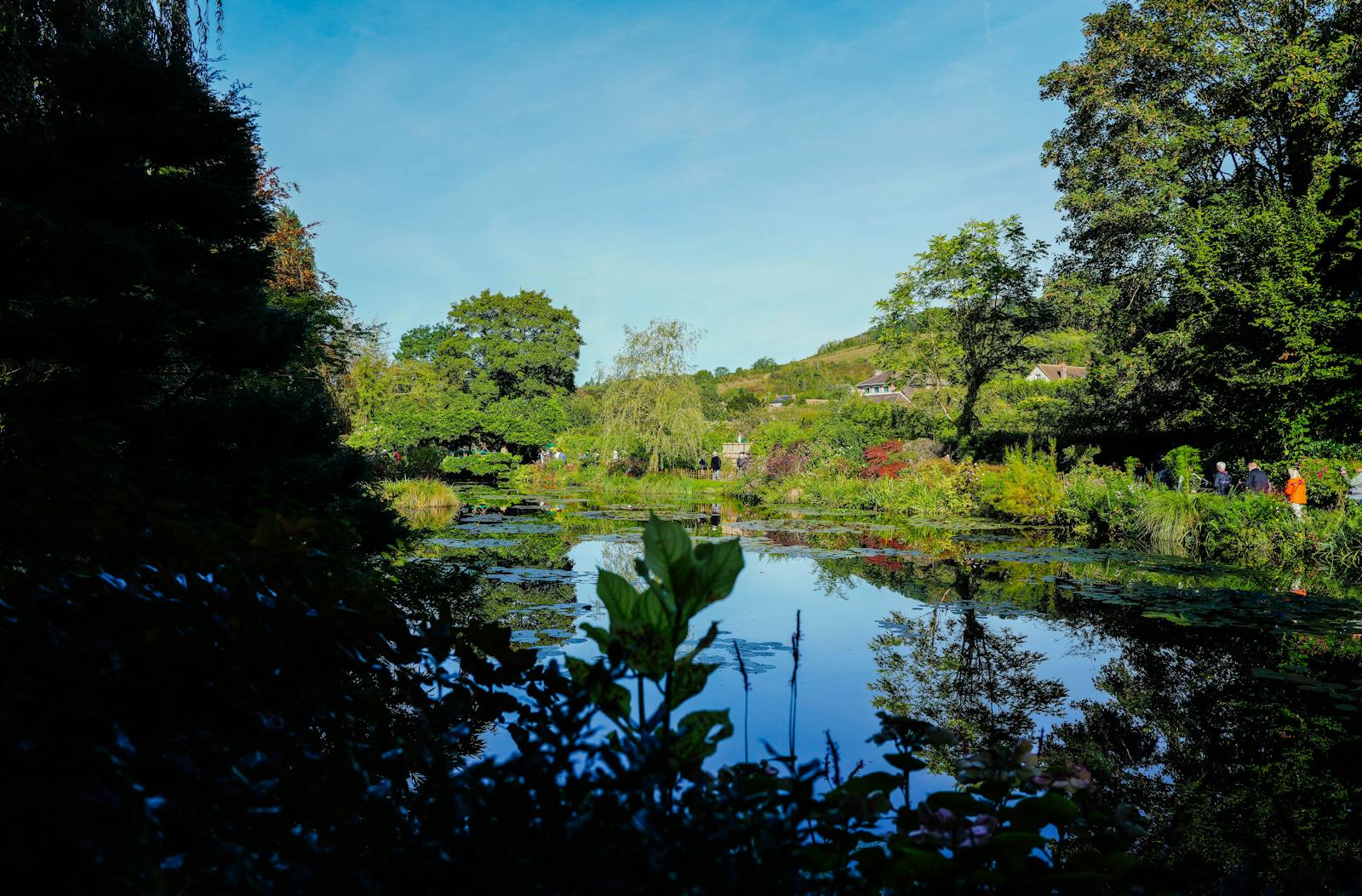 Peaceful Giverny garden landscape with pond and lush greenery