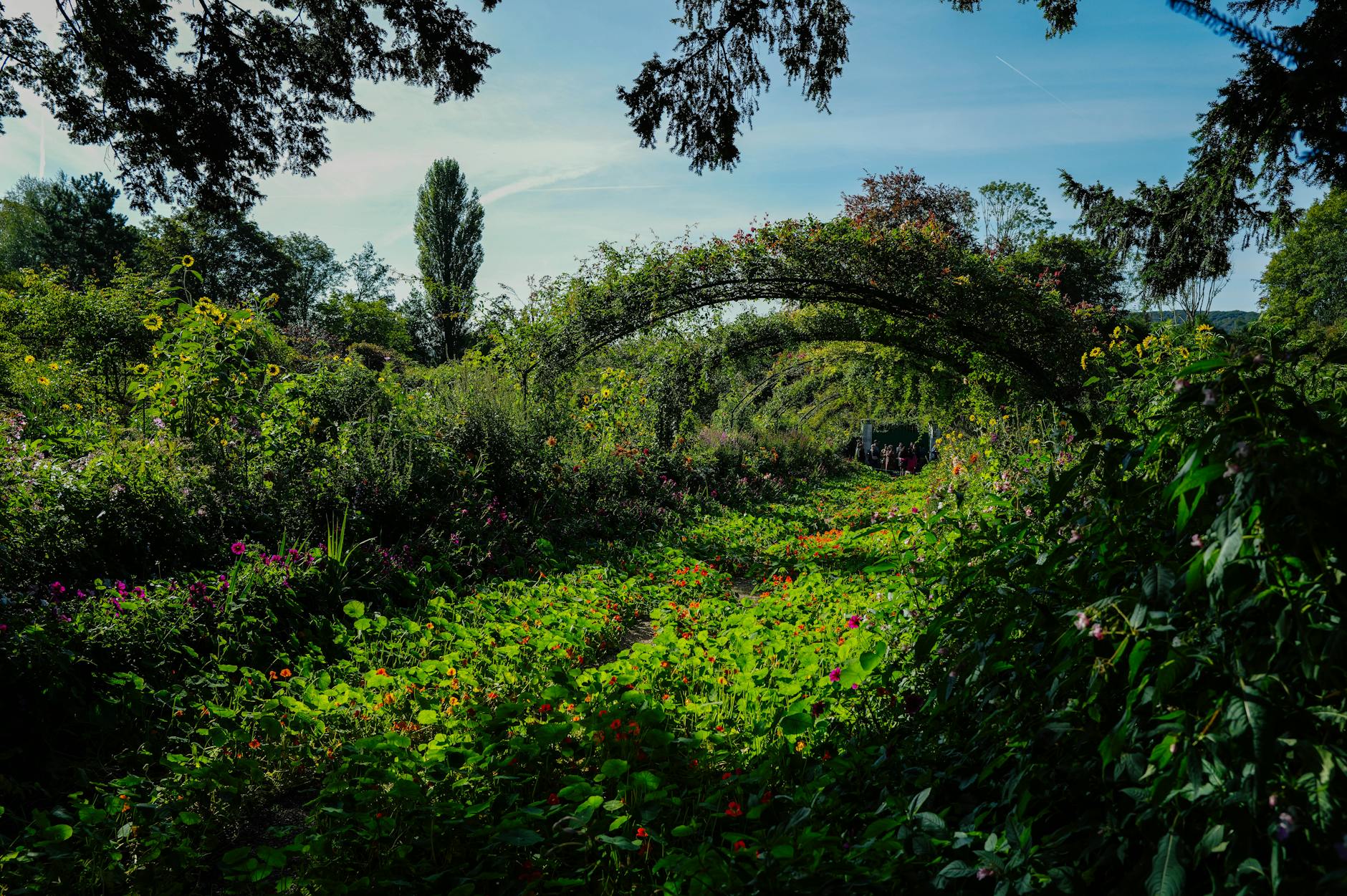 Giverny garden path with flowers under picturesque archway